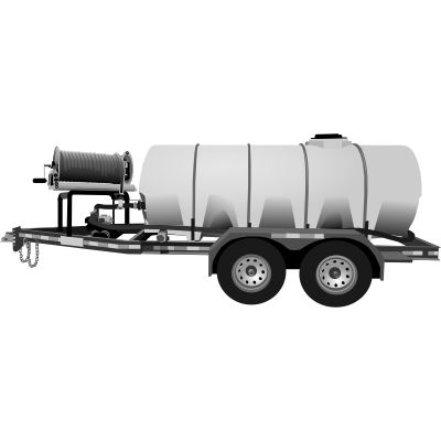 Drawing of a 1010 gallon water trailer with a hose reel