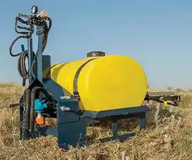Durable yellow skid sprayer with a robust 3-point mounting system, ideal for agricultural spraying tasks.