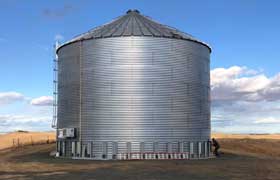 Corrugated steel tank in a field with a roof and ladder