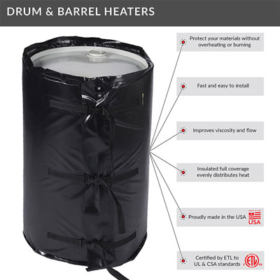 Short infographic showing off the features of the Drum & Barrel Heater