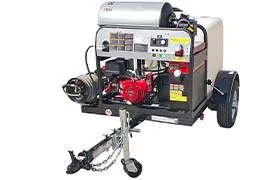 Hot water pressure washer trailer with a compact design, white tank, and efficient red engine.