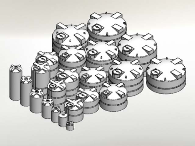 Many different sizes of rotationally molded tanks