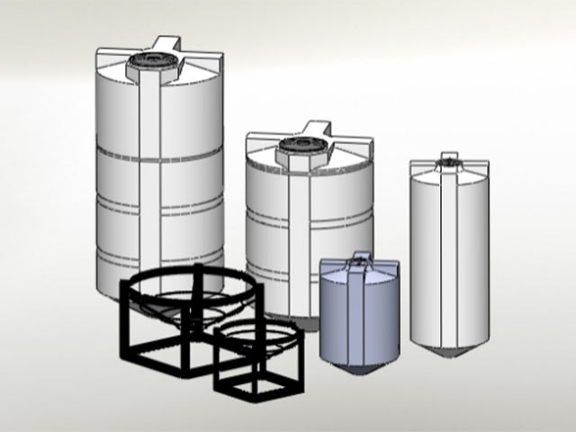 Four different sizes of cone bottom tanks with stands