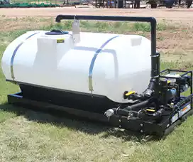 White polyethylene skid sprayer with a durable pump and plumbing setup, ideal for industrial applications.